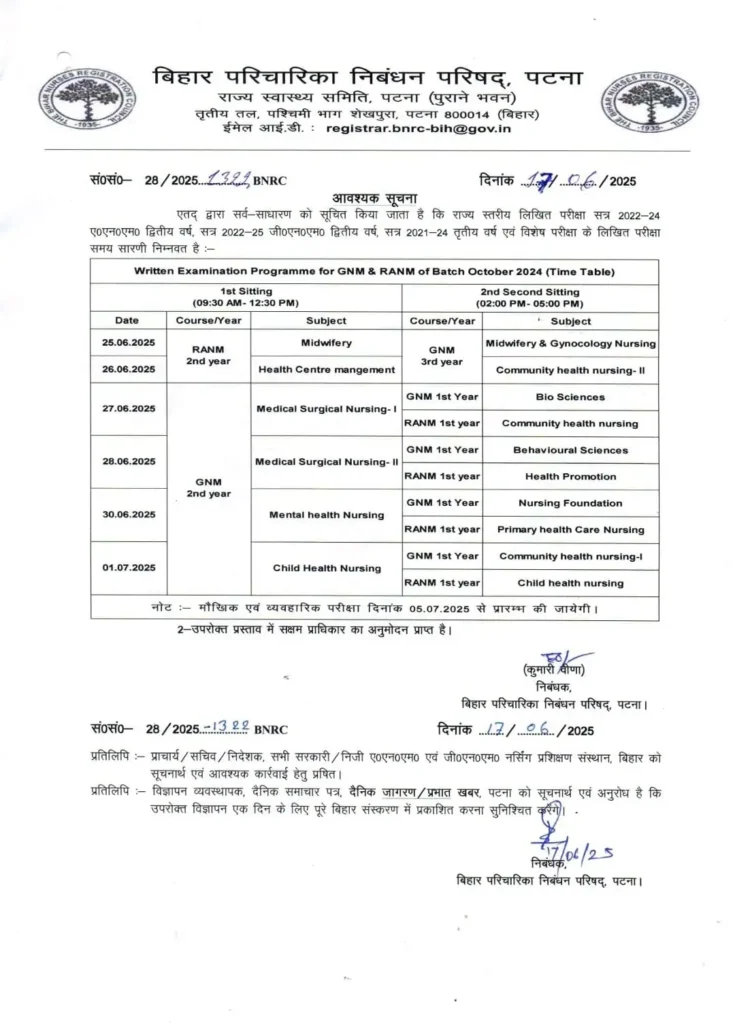 BNRC ANM GNM EXAM NEW SECHEDULE